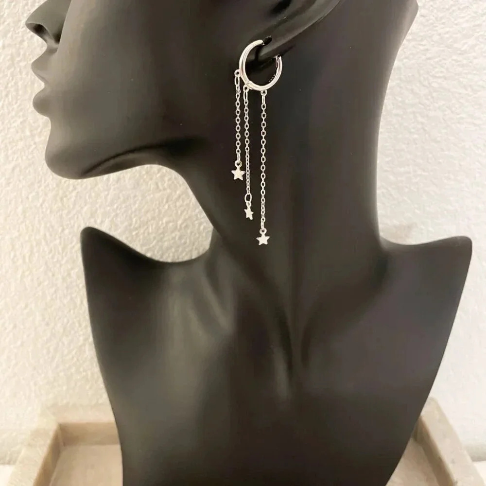 925 Sterling Silver Star Huggie Earrings Dangle Star Drop Earrings Hoop Huggies - Picture 4 of 6